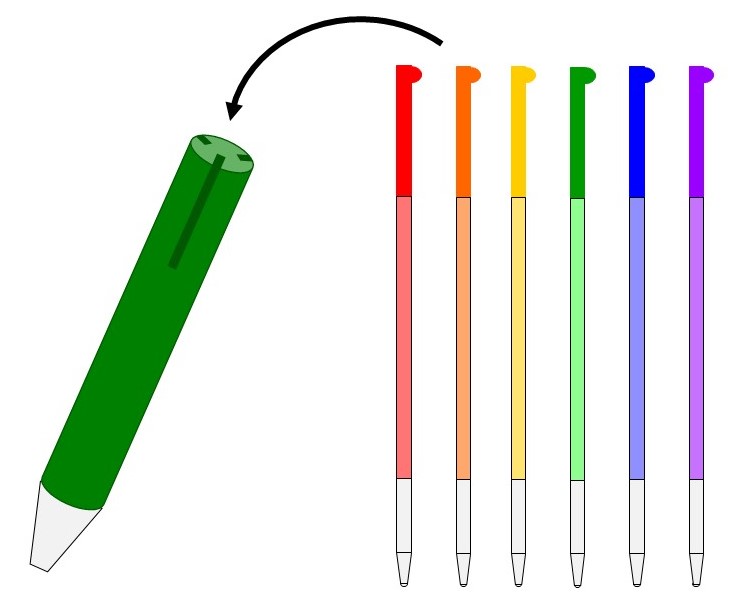 6つの色から3つ選んでボールペン本体に取り付ける様子