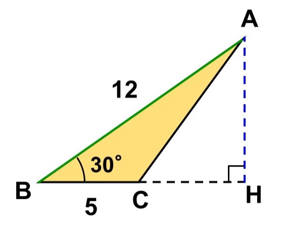 AB=12, BC=5, ∠ABC=30°の三角形
