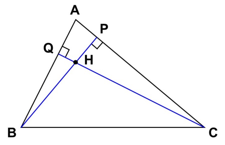 △ABCの頂点B, Cから各対辺へ垂線を下ろす様子